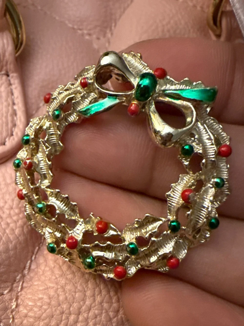 Gold-Tone Holiday Wreath Brooch with Red & Green Accents